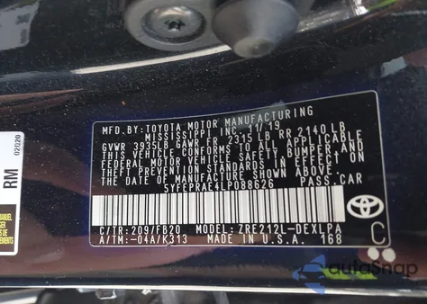 2020 Toyota Corolla Le z USA, uszkodzony, nr VIN 5YFEPRAE4LP088626